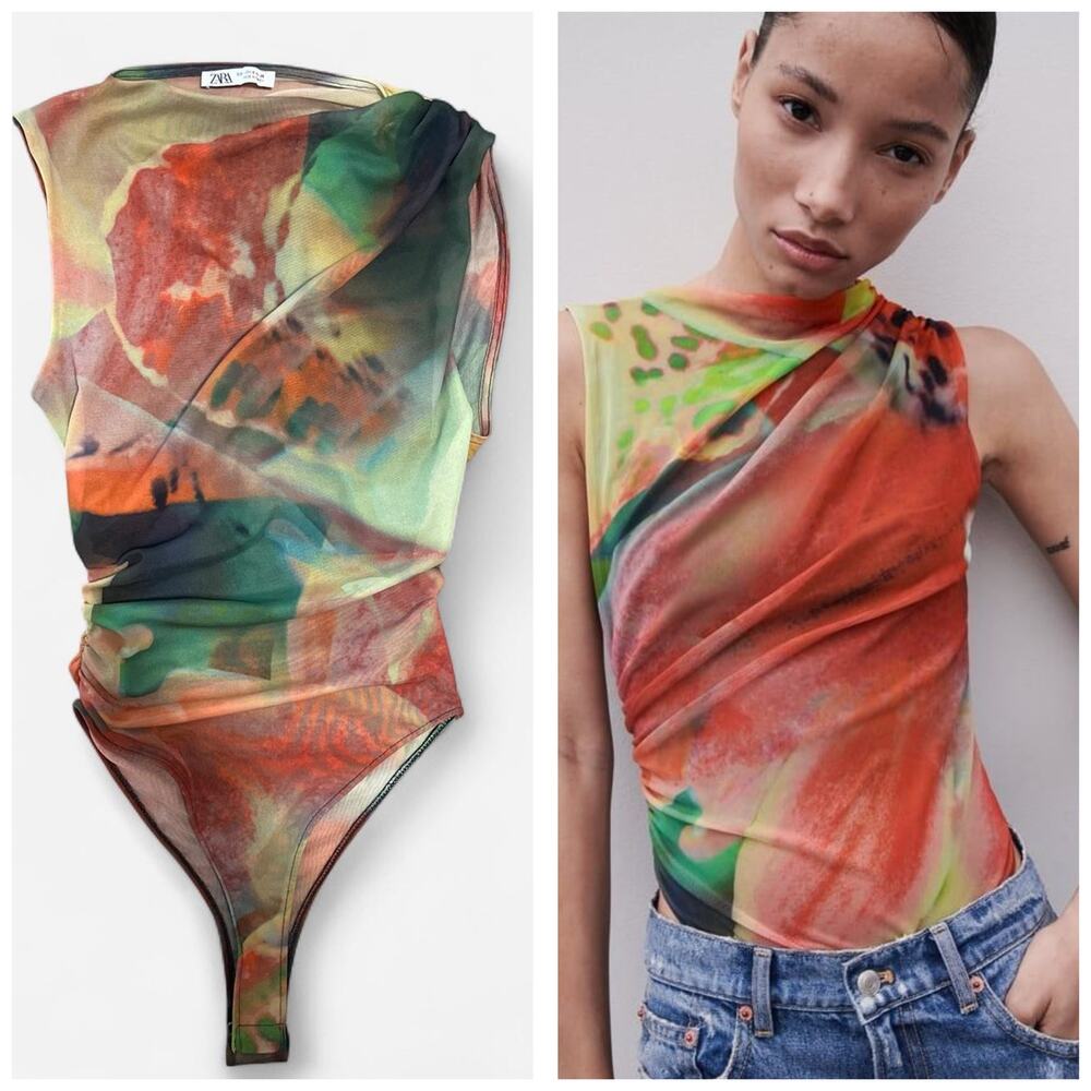 Zara Mesh Abstract Ruched Semi Sheer Sleeveless Bodysuit Size Medium Edgy Cool